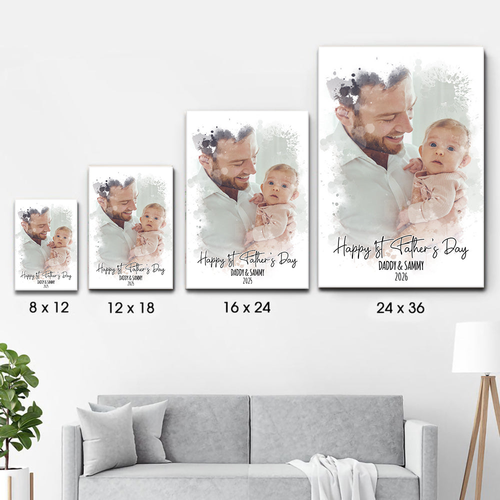 Custom Photo Watercolor First Father's Day poster, size options shown on a sofa wall