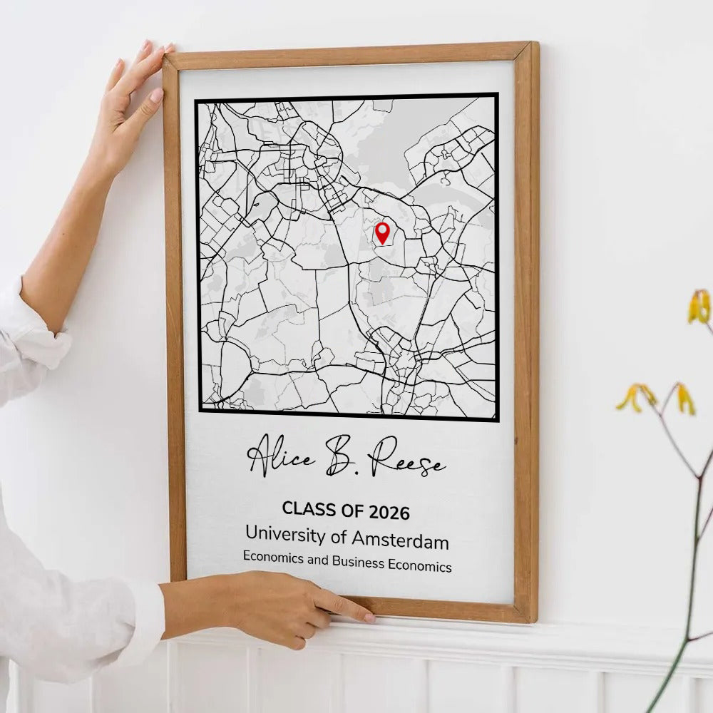 Personalized Graduation Gift Map Print poster, framed in a bright living room