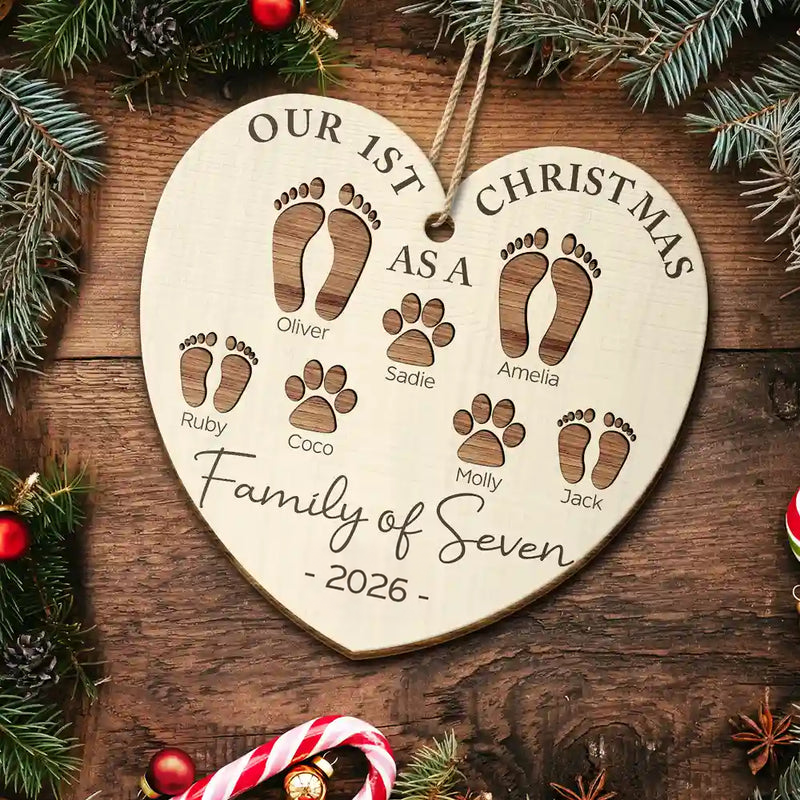 First Christmas As A Family Of Four Footprints - Personalized Wood Ornament - Babies 1st Christmas Gifts