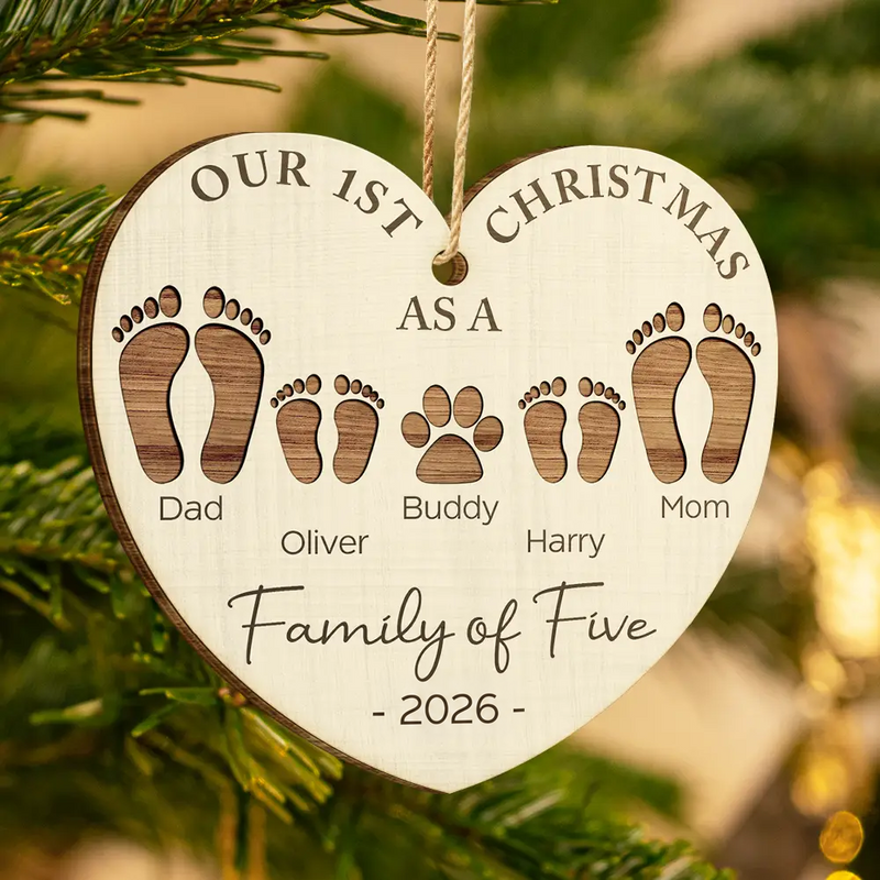 First Christmas As A Family Of Four Footprints - Personalized Wood Ornament - Babies 1st Christmas Gifts