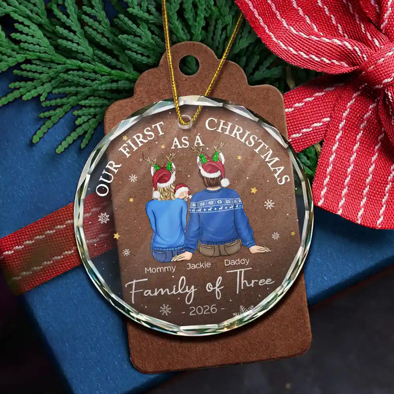 First Christmas As A Family Of Three New Parents personalized circle glass ornament, alternate view 5