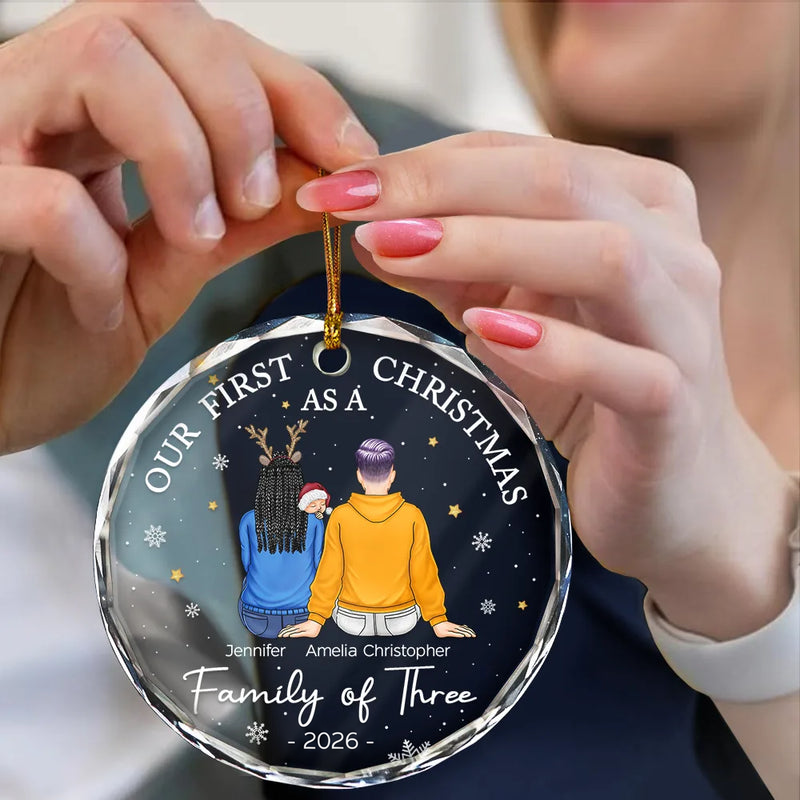 First Christmas As A Family Of Three New Parents personalized circle glass ornament, alternate view 4