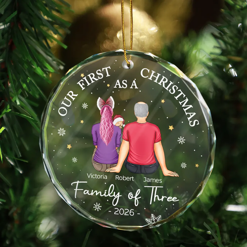 First Christmas As A Family Of Three New Parents personalized circle glass ornament, alternate view 3
