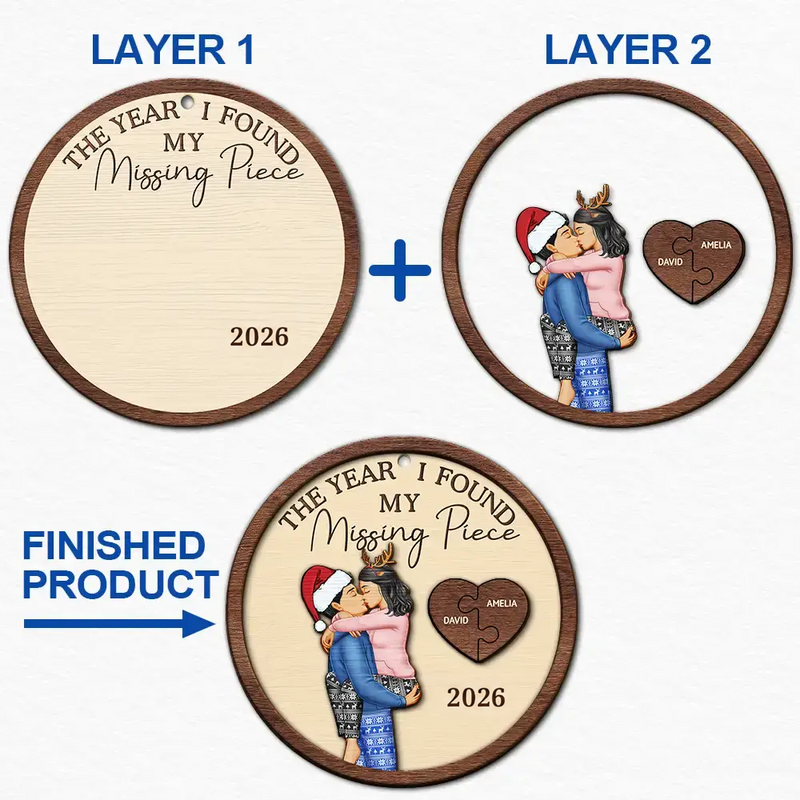 The Year I Found My Missing Piece Kissing Couples personalized 2 layers custom shaped wooden ornament, alternate view 5