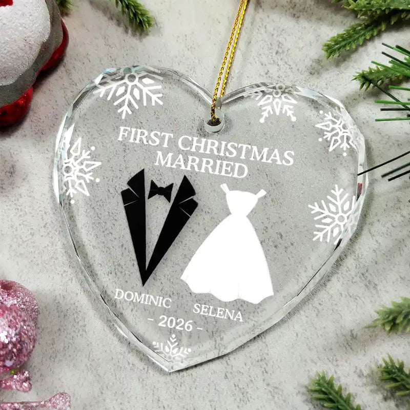 First Christmas As Married Couples - Personalized Heart Shaped Glass Ornament - Christmas Gift For Her/Him, Husband/Wife, Couples