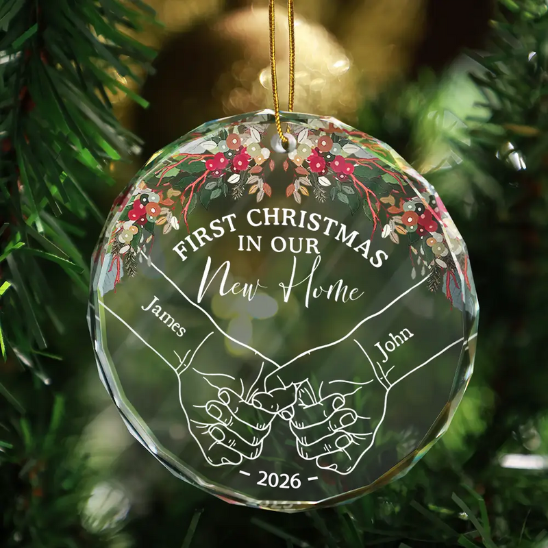 Personalized Holding Hands First Christmas Couple circle glass ornament, alternate view 3