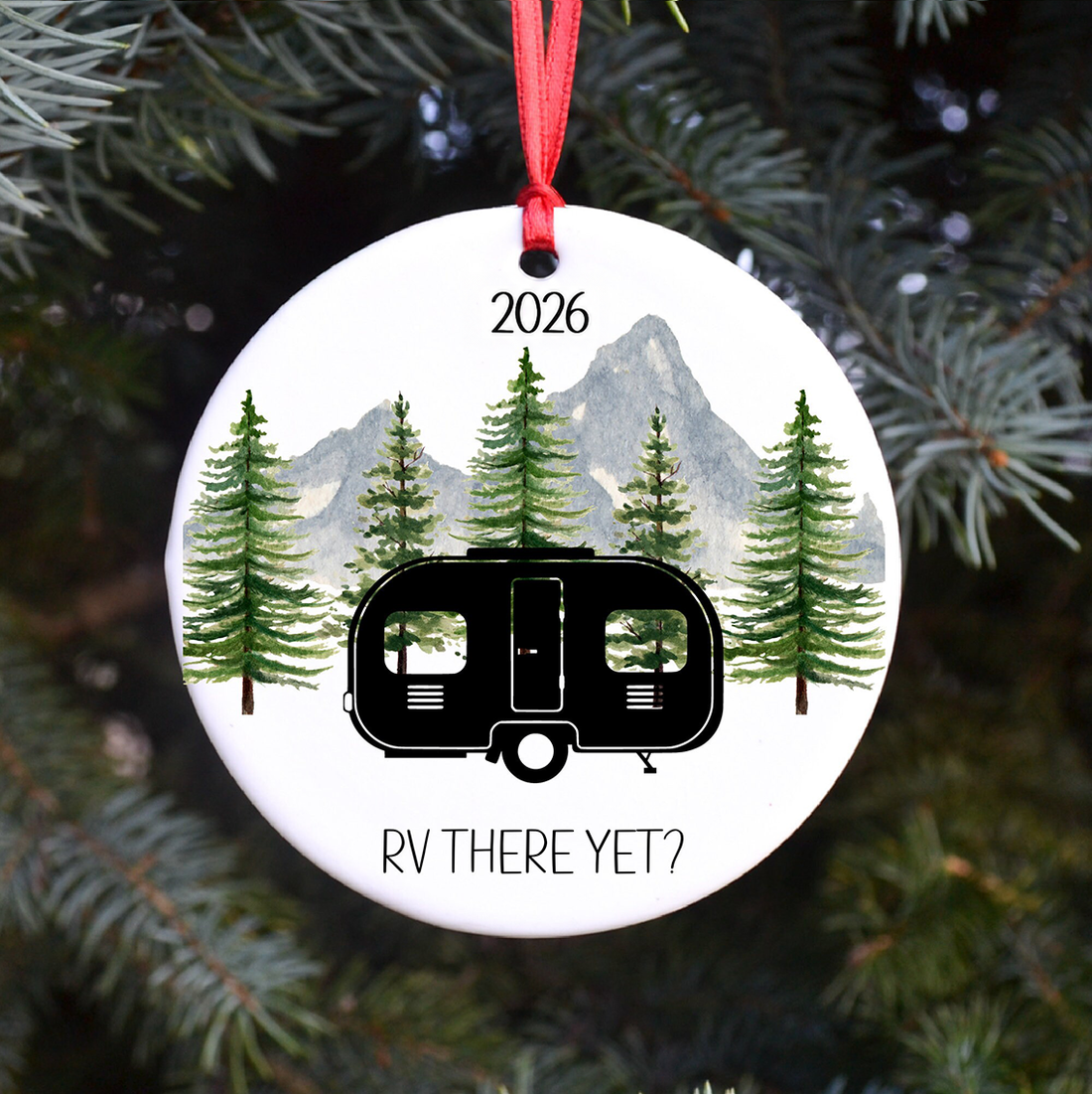 Personalized Happy Campers RV circle ceramic ornament, alternate view 2