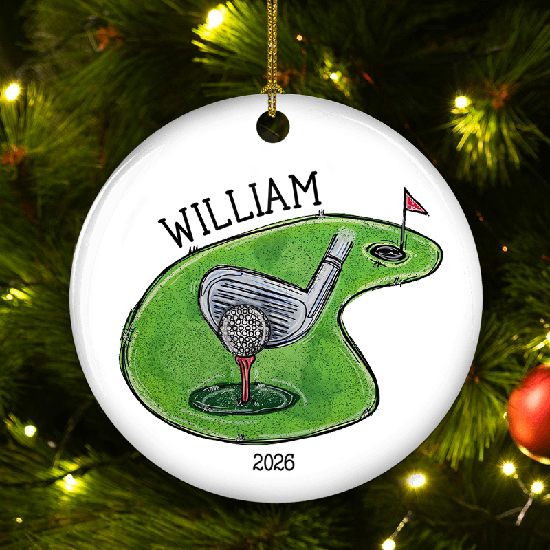 Personalized Golfer Daddy Dad Christmas Ornament circle ceramic ornament, alternate view 2