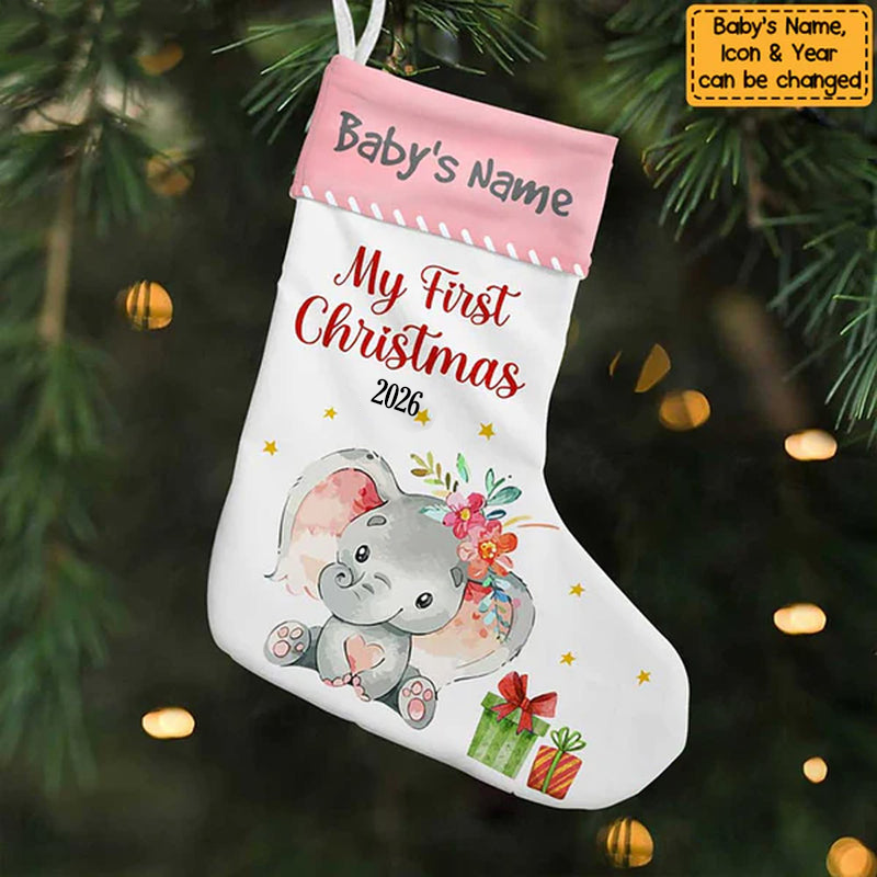 Elephant Baby First Christmas - Personalized Custom Christmas Stocking - Gift for New Infant, Baby Girl, Boy, Granddaughter, Grandson