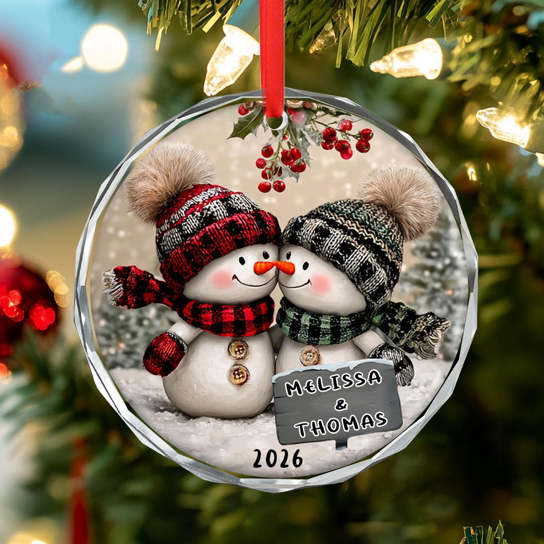 Snowman Couple Christmas personalized heart glass ornament, alternate view 4