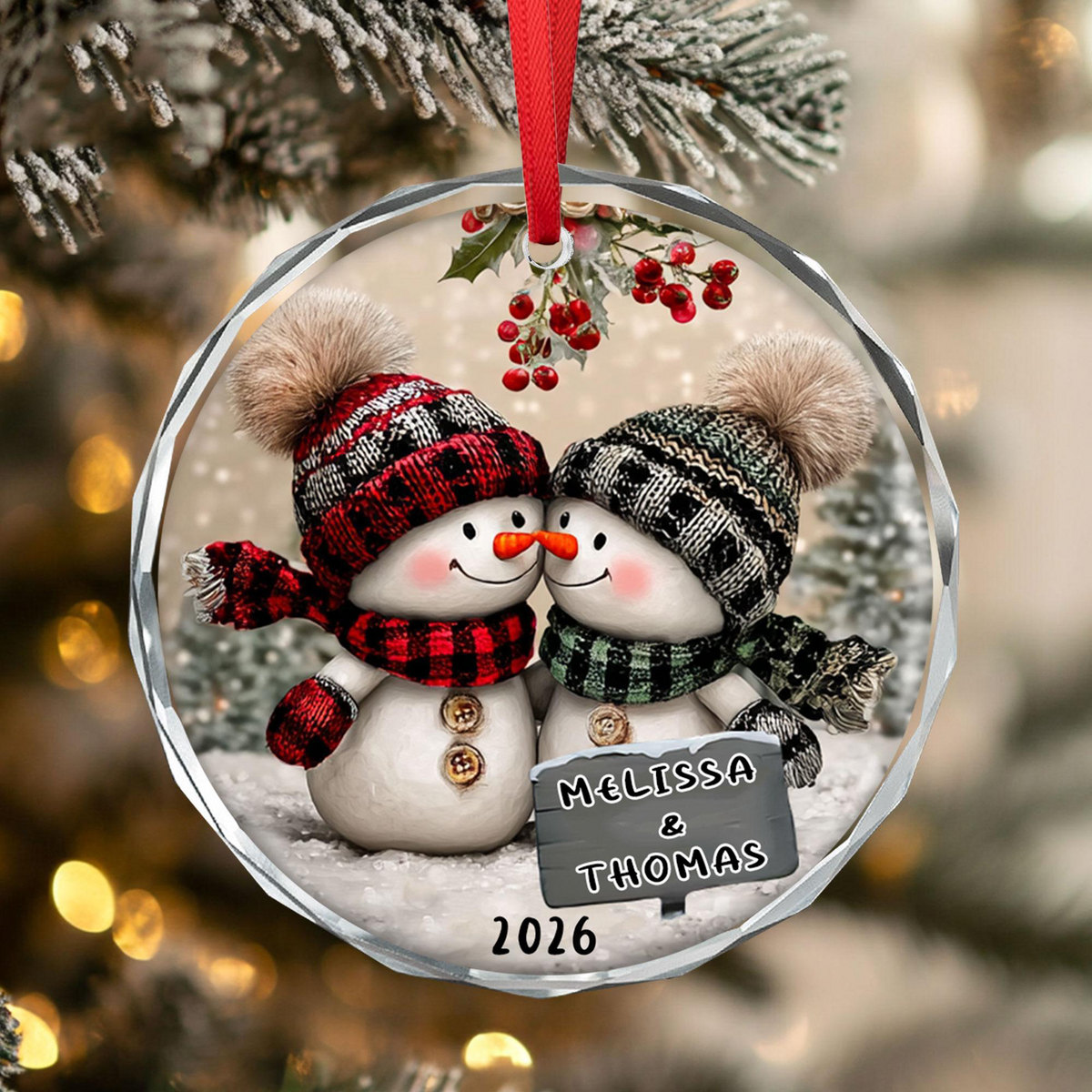 Snowman Couple Christmas - Personalized Heart Glass Ornament - Christmas Gift For Her/Him, Husband/Wife, Couples