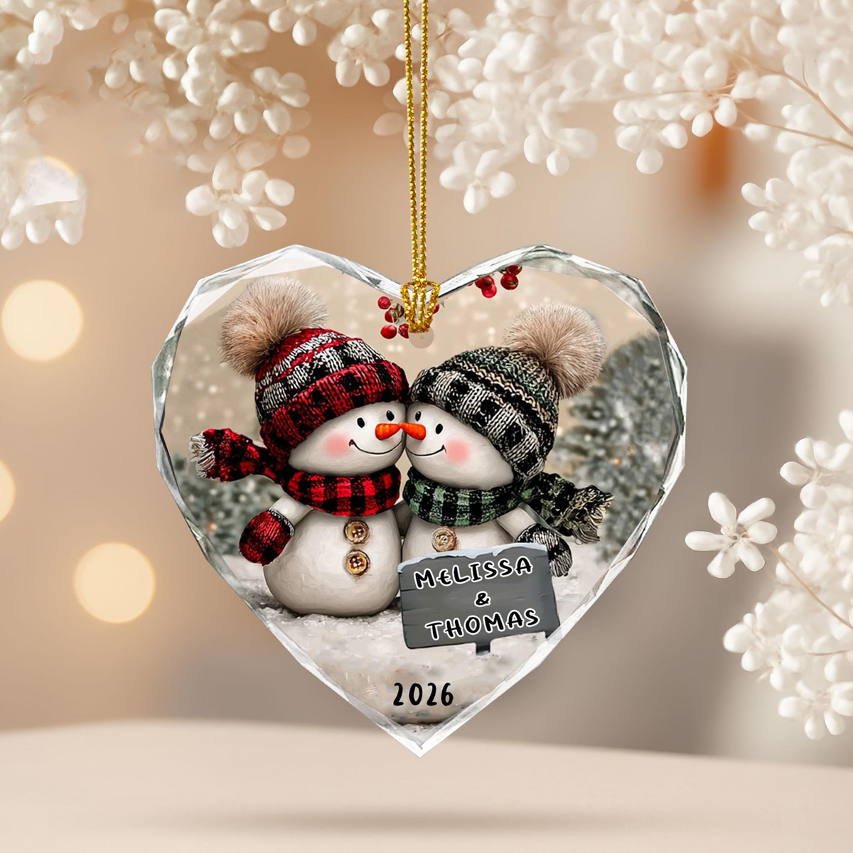 Snowman Couple Christmas - Personalized Heart Glass Ornament - Christmas Gift For Her/Him, Husband/Wife, Couples