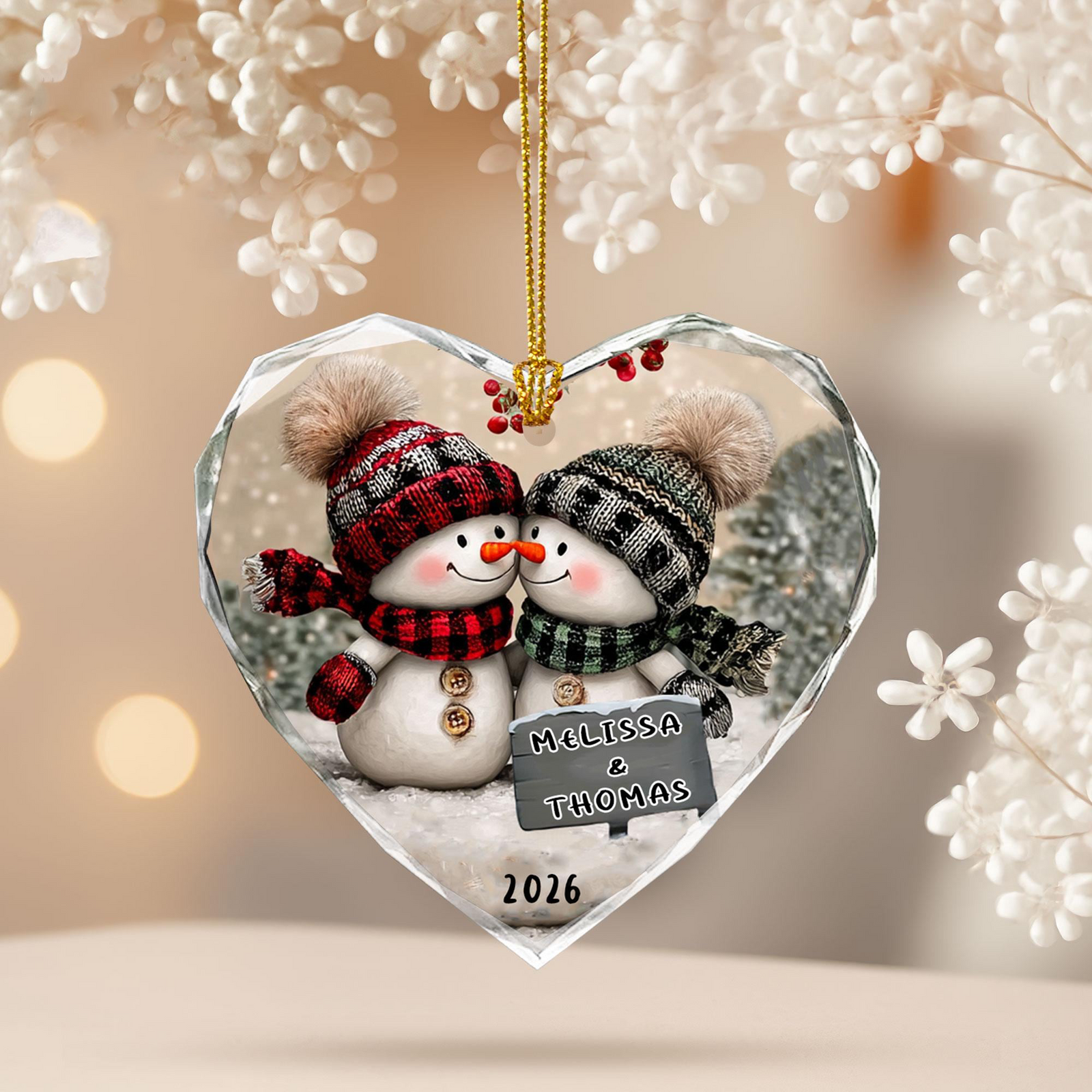 Snowman Couple Christmas - Personalized Heart Glass Ornament - Christmas Gift For Her/Him, Husband/Wife, Couples