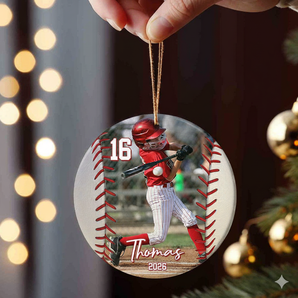 Custom Photo Baseball Christmas personalized circle ceramic ornament, alternate view 2