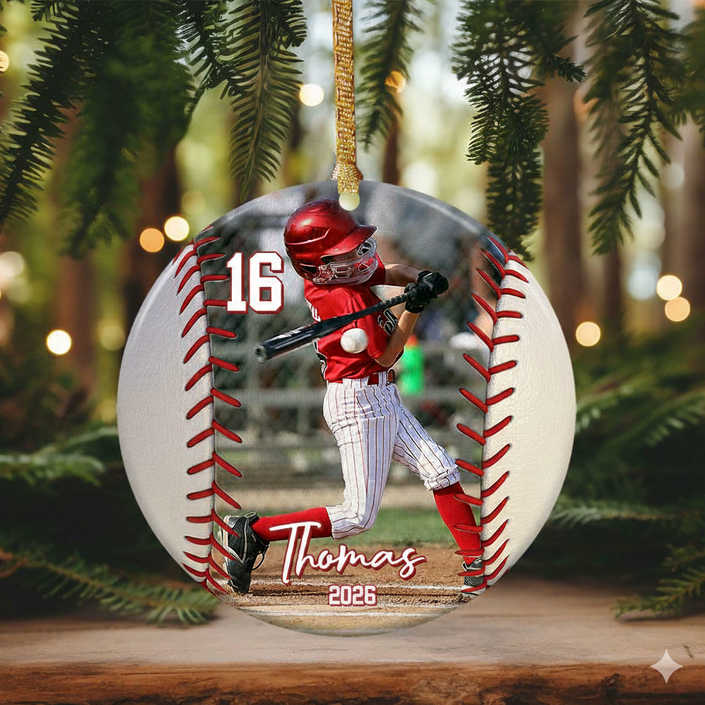 Custom Photo Baseball Christmas personalized circle ceramic ornament, alternate view 3