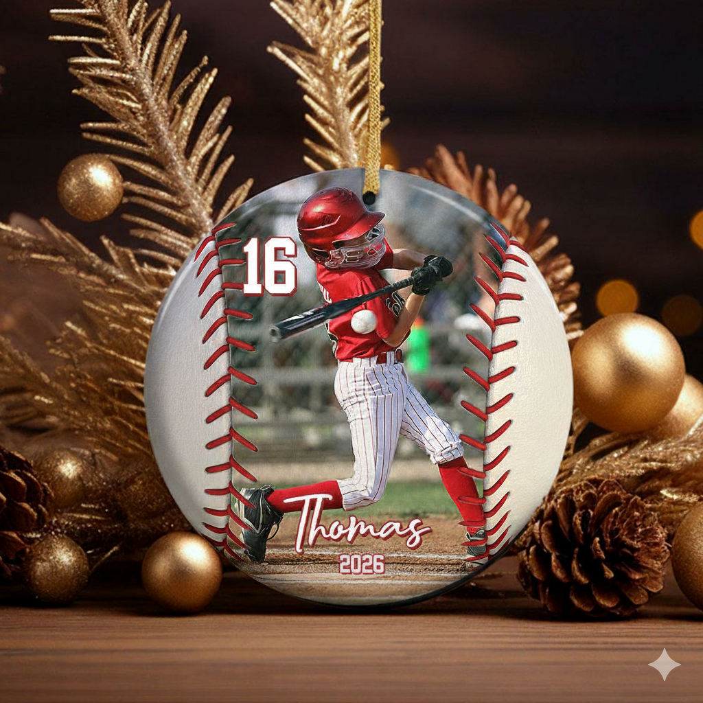Custom Photo Baseball Christmas personalized circle ceramic ornament, alternate view 4