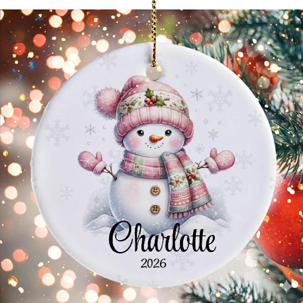 Pink Snowman Christmas personalized circle ceramic ornament, alternate view 2