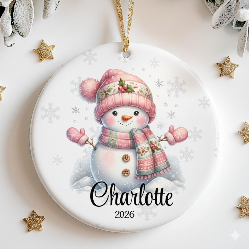 Pink Snowman Christmas - Personalized Ceramic Ornament - Christmas Gift for Daughter, Granddaughter