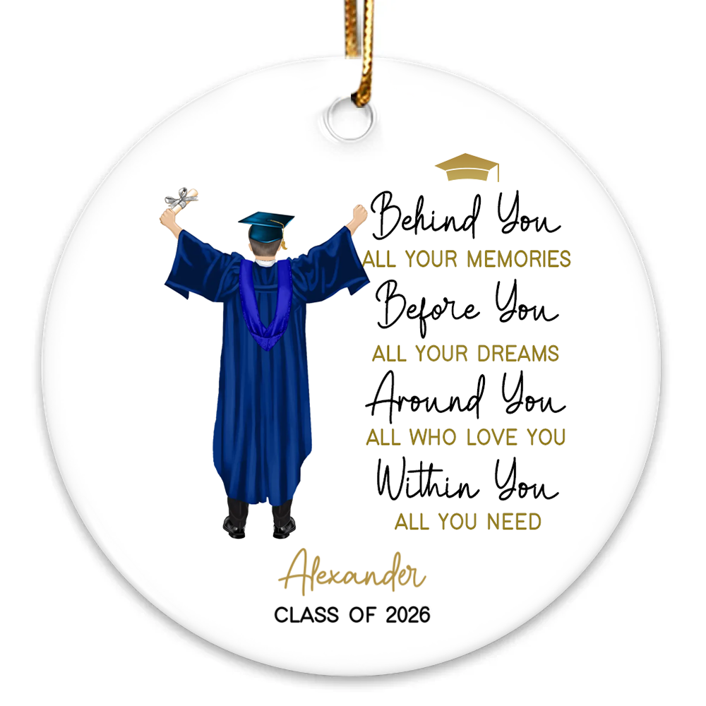 Personalized Behind You All Your Memories Graduation circle ceramic ornament, alternate view 4