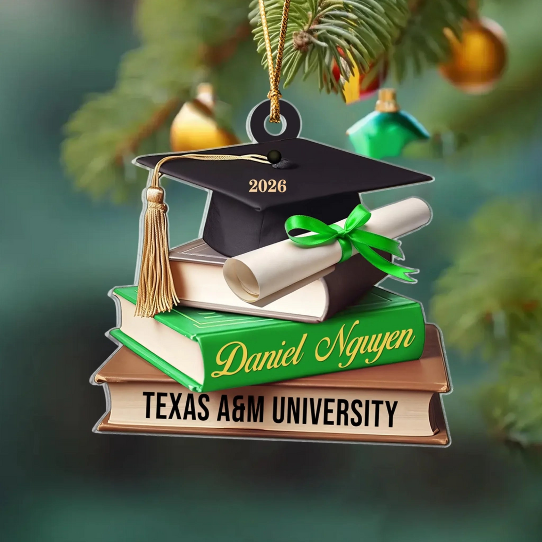 Custom School Graduation Cap With Books custom shaped acrylic ornament, alternate view 3