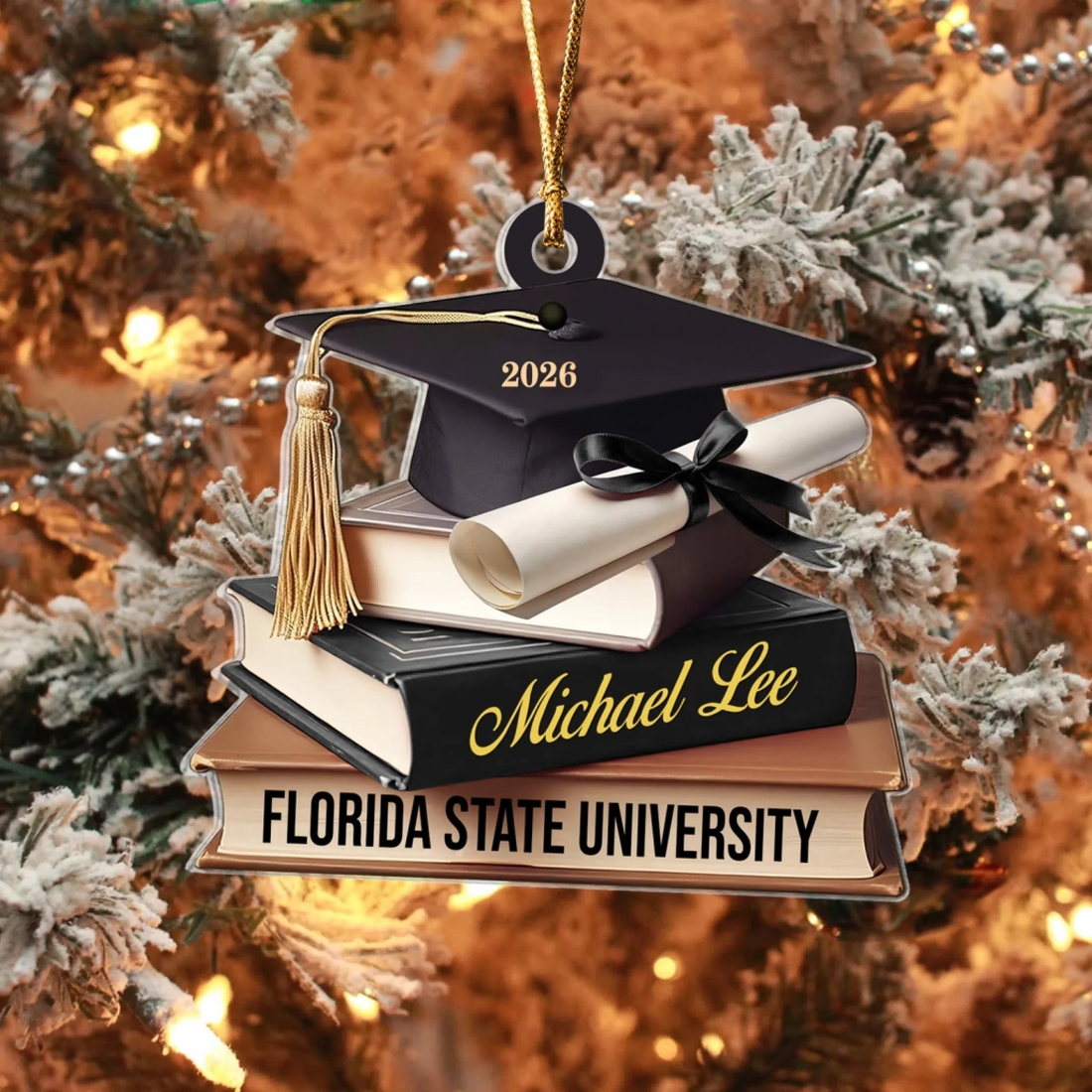 Custom School Graduation Cap With Books custom shaped acrylic ornament, alternate view 5
