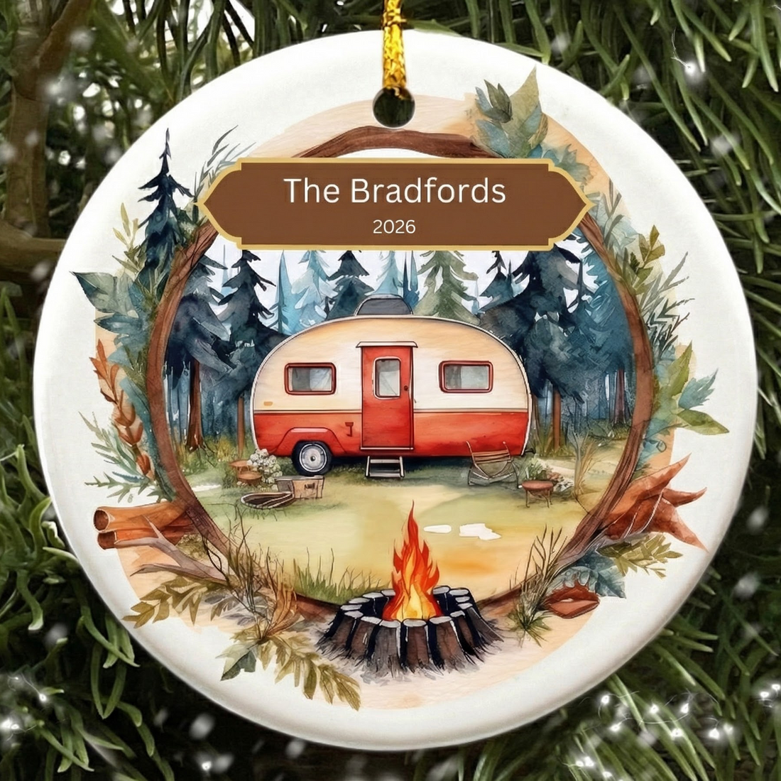 Custom Photo RV Travel Trailer Camping personalized circle ceramic ornament, alternate view 2