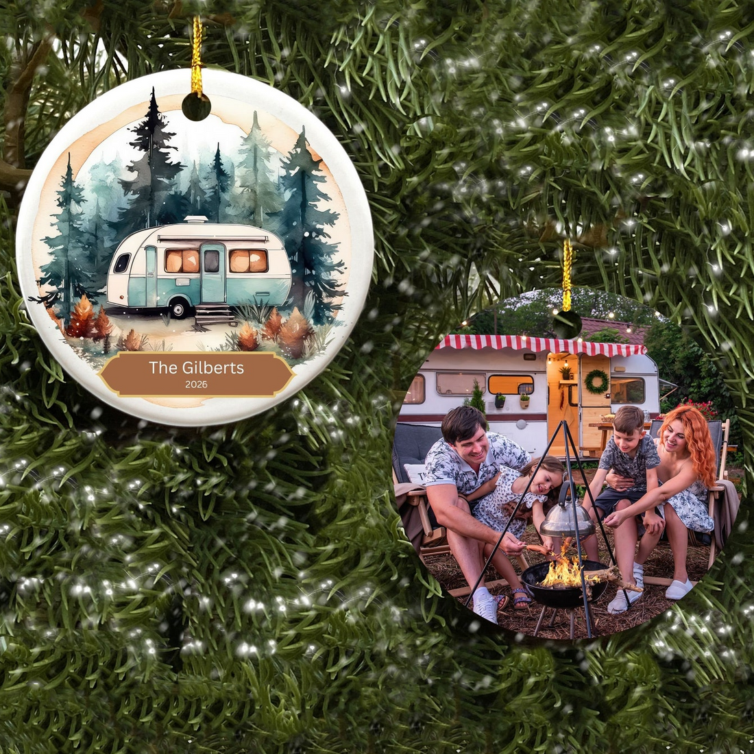 Custom Photo RV Travel Trailer Camping personalized circle ceramic ornament, alternate view 3