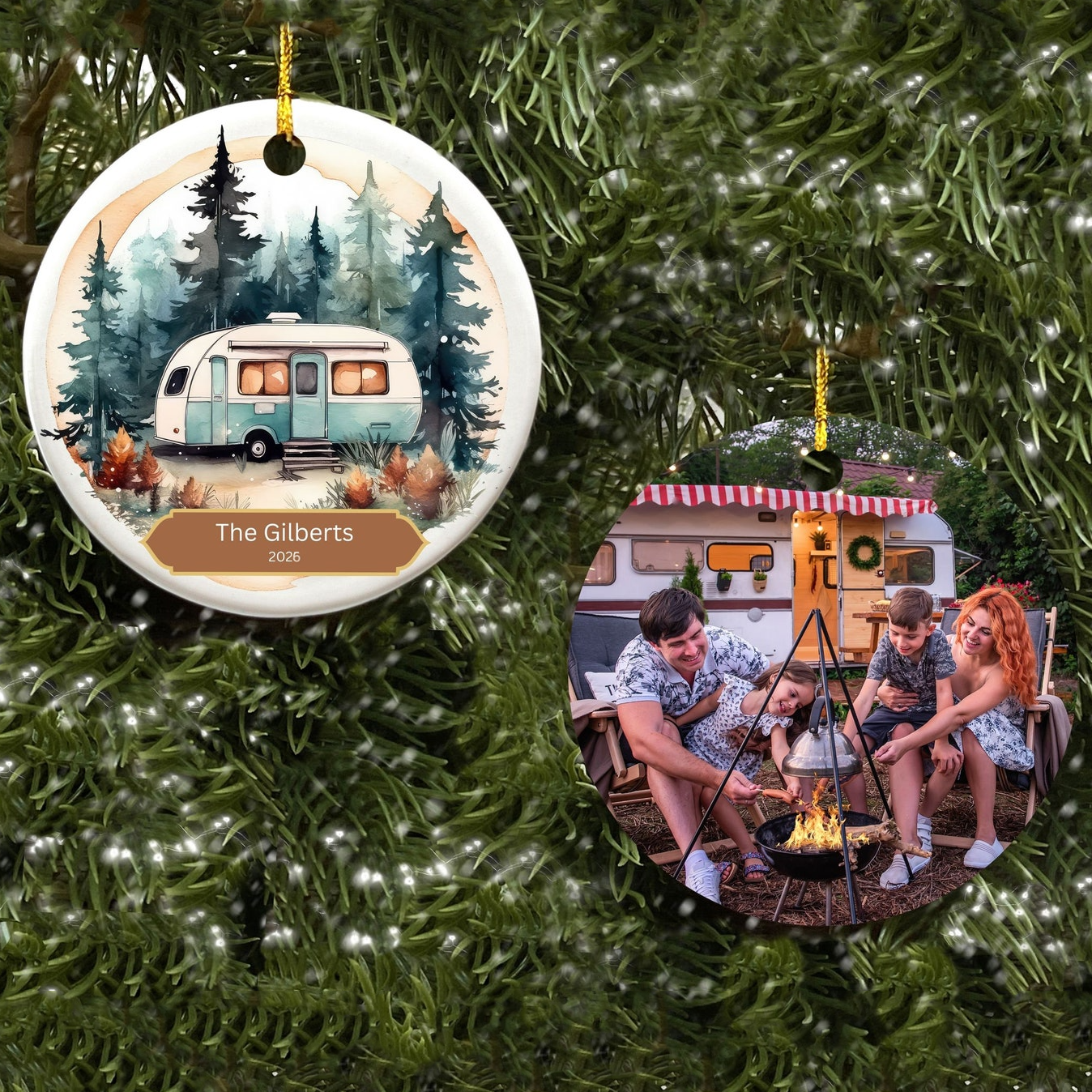 Custom Photo RV Travel Trailer Camping - Personalized Circle Ceramic Ornament - Christmas Gift for Camping Lovers