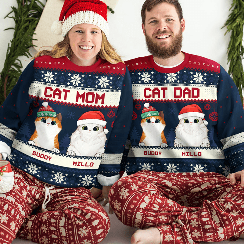 Cat Mom Cat Dad - Personalized Custom Ugly Sweatshirt Unisex Jumper - Funny Christmas Ugly Sweater Gifts For Cat Owners, Cat Lovers, Cat Mum, Cat Brother, Cat Sister - Suzitee Store