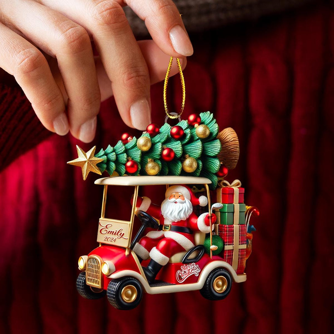 Golf Cart Santa Christmas custom shaped acrylic ornament, alternate view 4