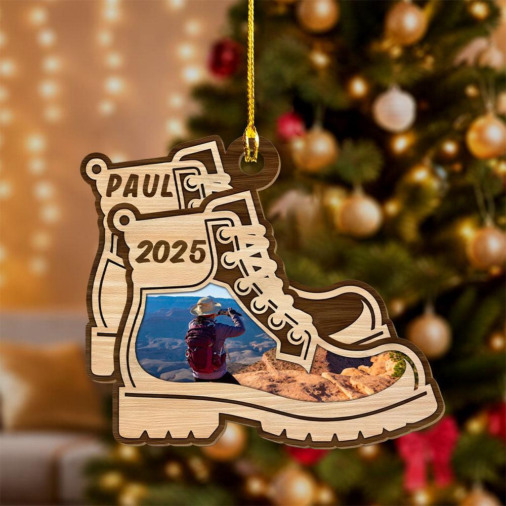 Custom Photo Hiking Boots Christmas - Personalized Wood Ornament - Christmas Gift for Men Women, Hiking Lovers, Hiker Christmas Gift, Travel Gift