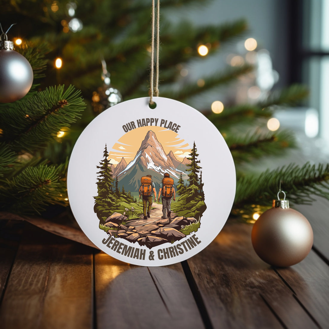 Our Happy Place Hiking personalized circle ceramic ornament, alternate view 4