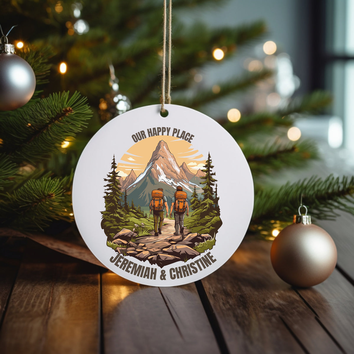 Our Happy Place Hiking - Personalized Circle Ceramic Ornament - Christmas Gift For Hiker, Hiking Lovers