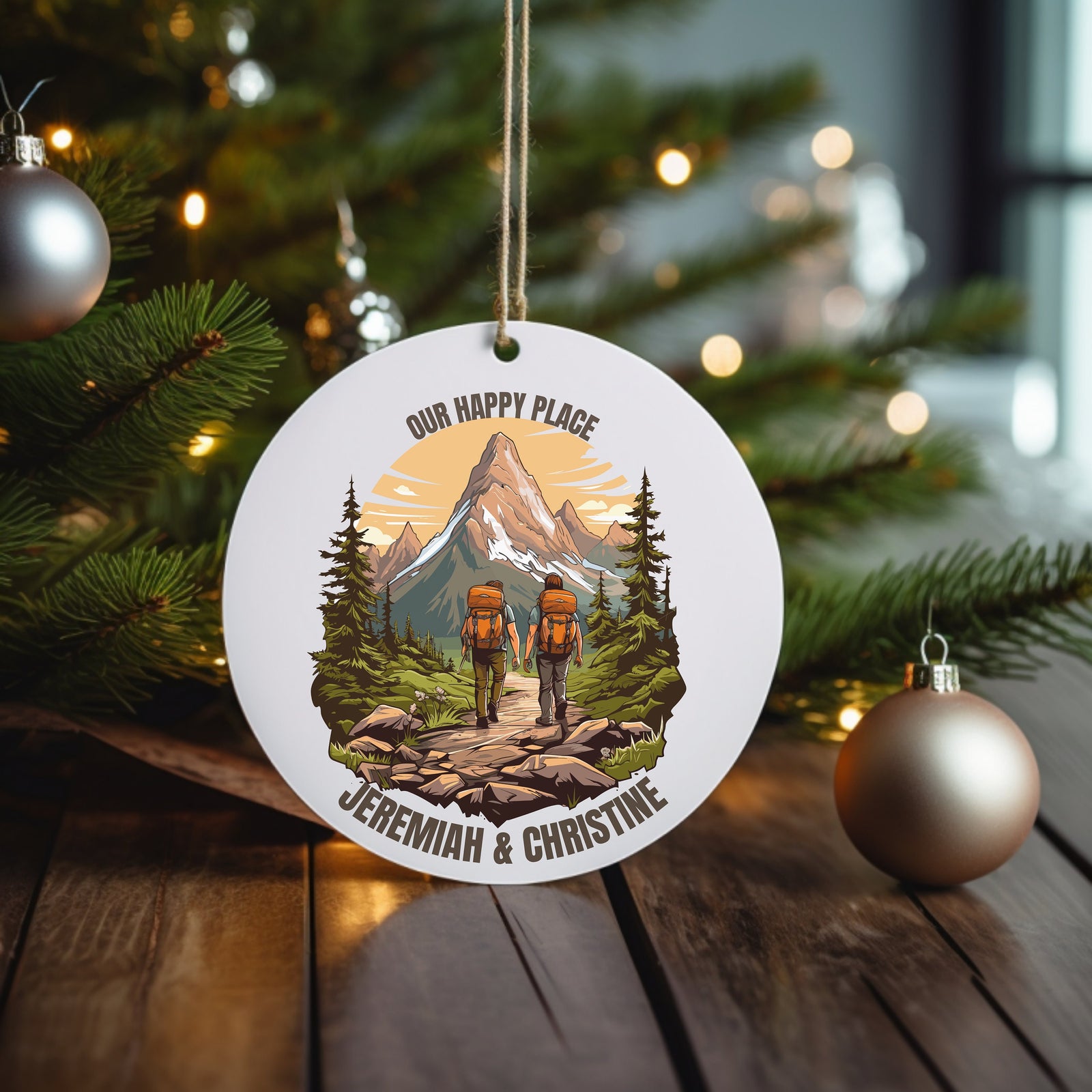 Our Happy Place Hiking - Personalized Circle Ceramic Ornament - Christmas Gift For Hiker, Hiking Lovers