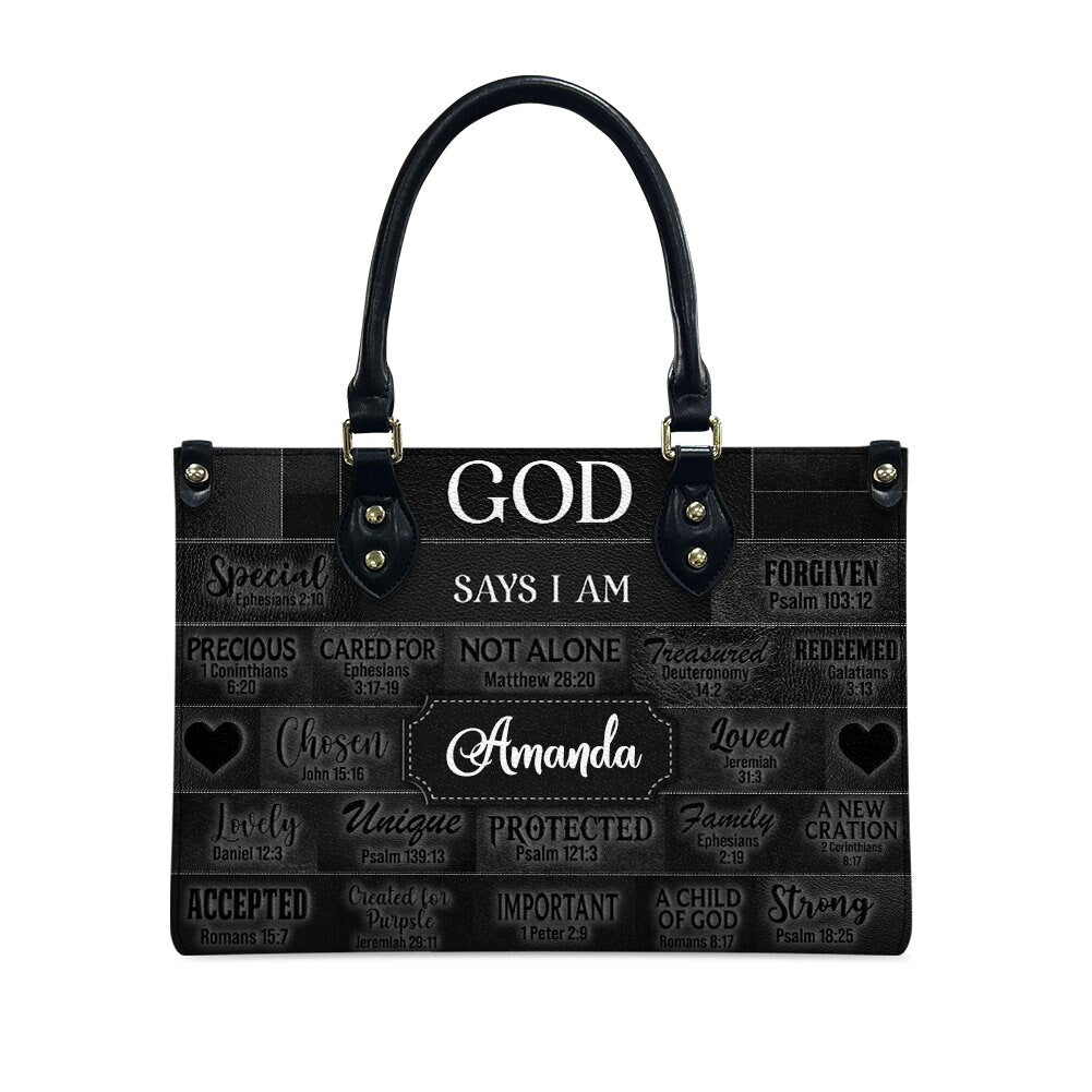 Personalized Christianartbag God Says I Am Black leather handbag, carried on the shoulder