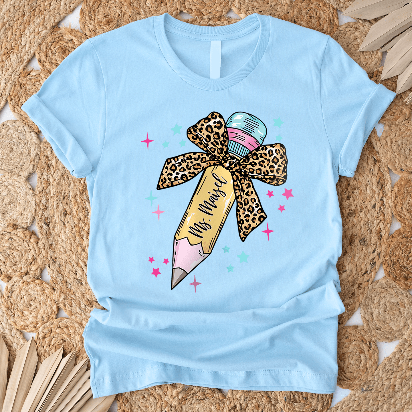 Leopard Print Bow Pencil Design - Personalized Custom T Shirt - First Day of School, Back to School Funny Gift for Teacher, Kindergarten, Preschool, Pre K, Paraprofessional