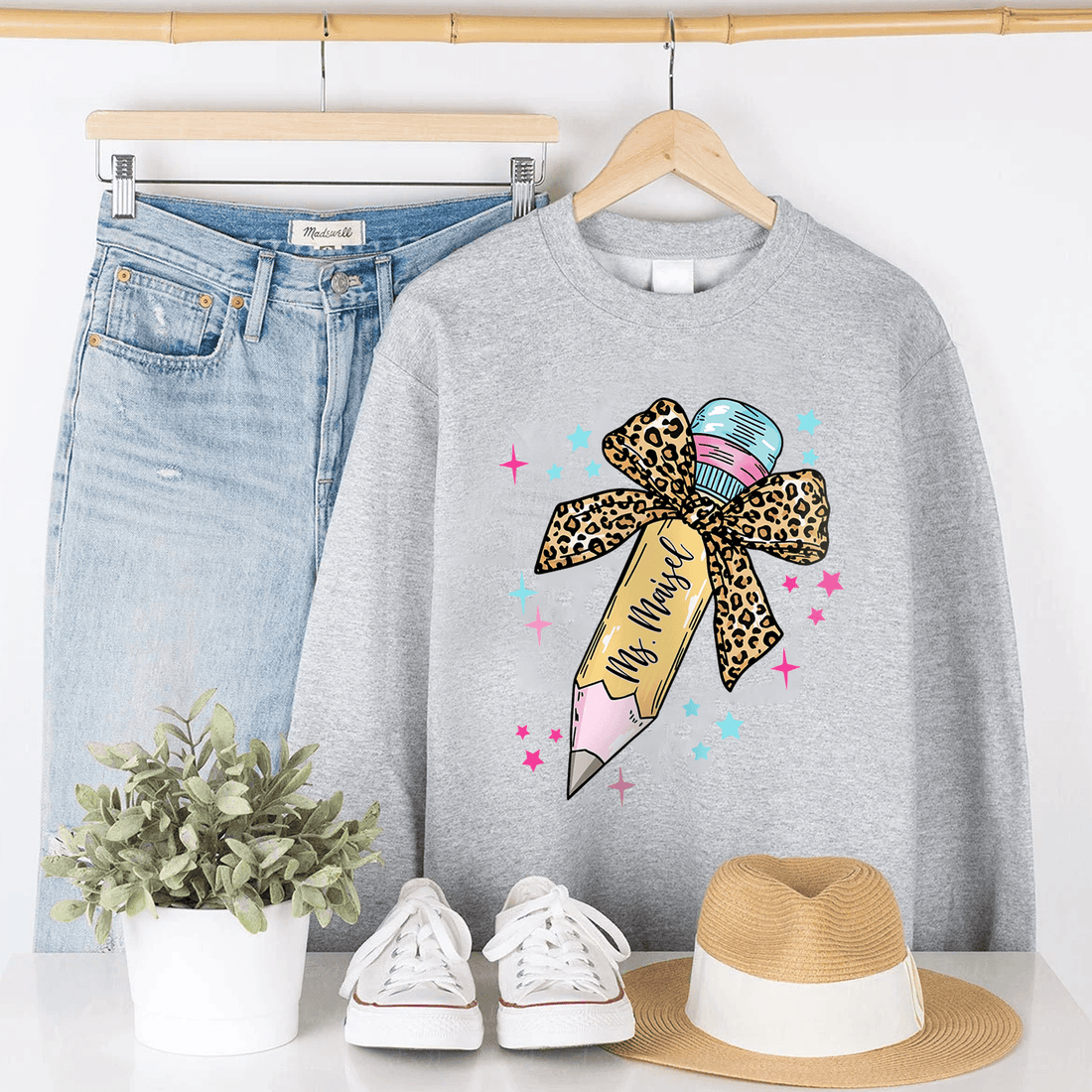 Personalized Leopard Print Bow Pencil Design t-shirt, alternate view 4