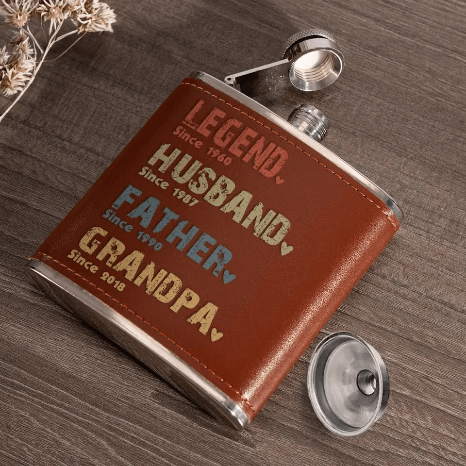 The Amazing Journey Of A Man - Personalized Custom Year Leather Hip Flask - Father's Day Gift for Family Members Grandpa, Dad, Boyfriend, Husband, Uncle - Suzitee Store