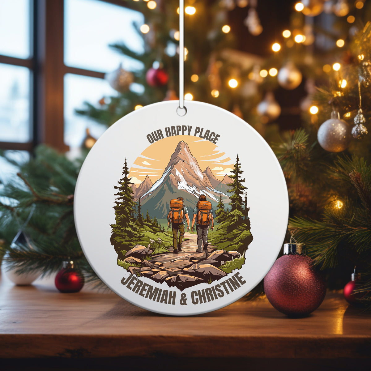 Our Happy Place Hiking - Personalized Circle Ceramic Ornament - Christmas Gift For Hiker, Hiking Lovers