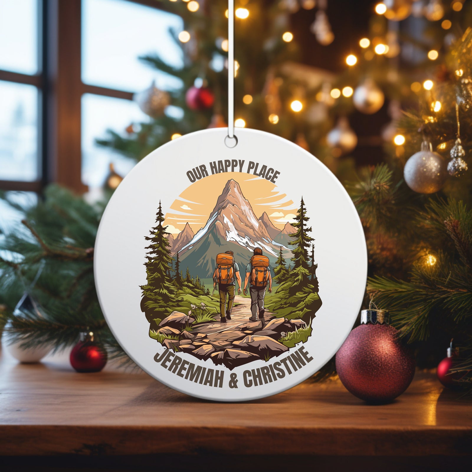 Our Happy Place Hiking - Personalized Circle Ceramic Ornament - Christmas Gift For Hiker, Hiking Lovers