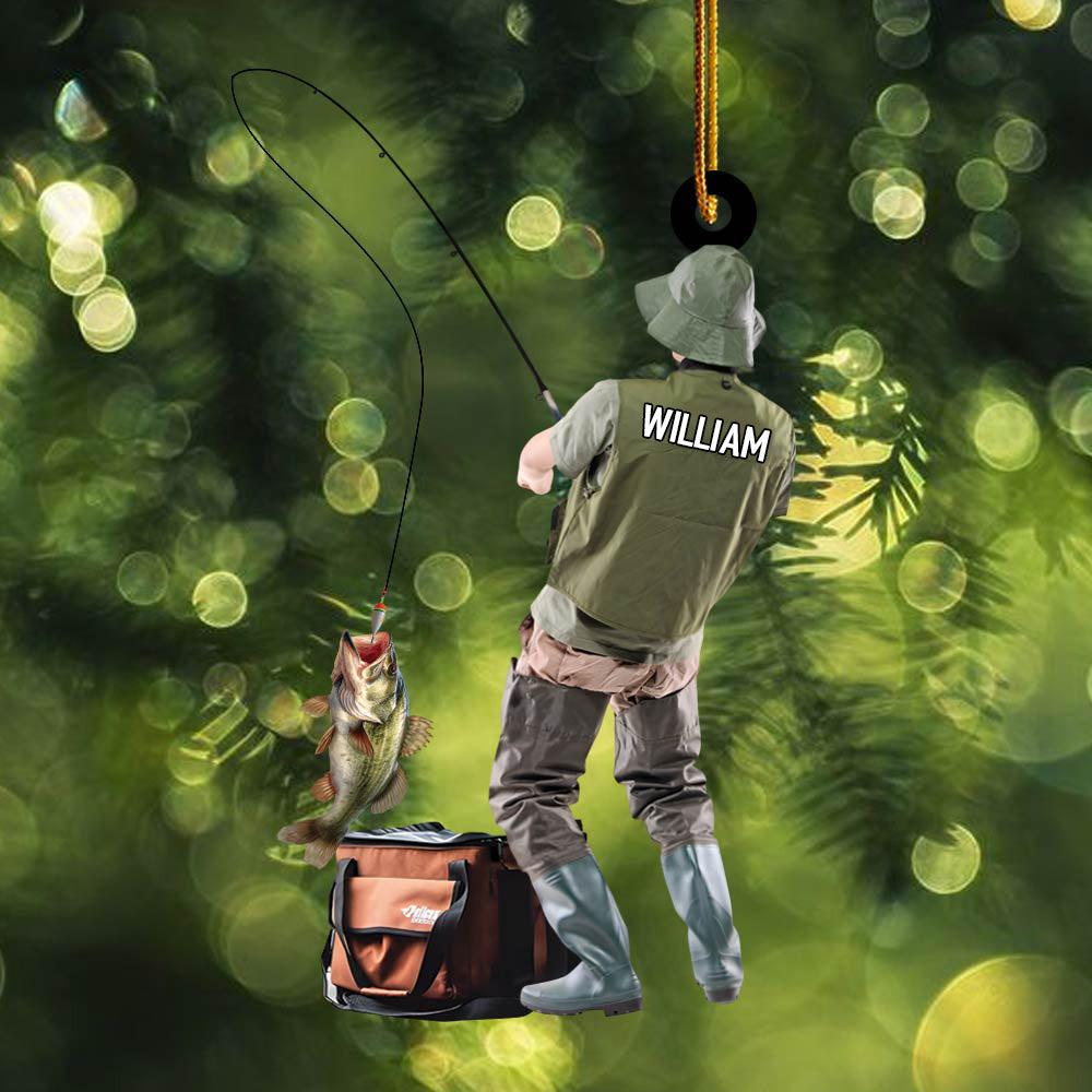 Fisherman with rod acrylic ornament with custom name, alternate view 2