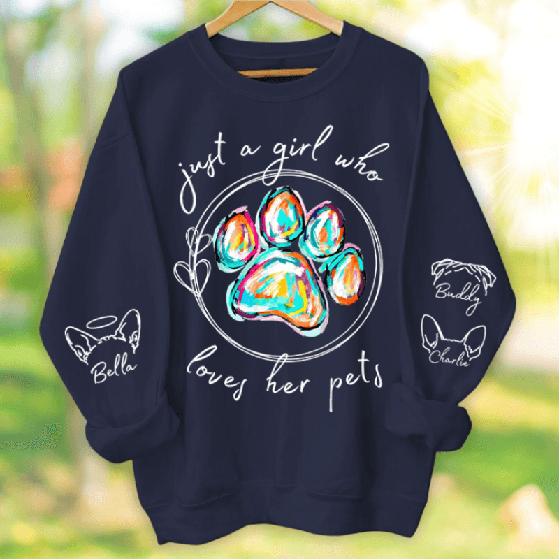 Just A Girl Who Loves Her Dogs - Personalized Custom Sleeve Printed Sweater - National Pet Day, Birthday, Loving, Funny Gift for Dog Mom, Dog Dad, Dog Lovers, Pet Owners Gifts for Him, Her | Up to 5 Pets - Suzitee Store
