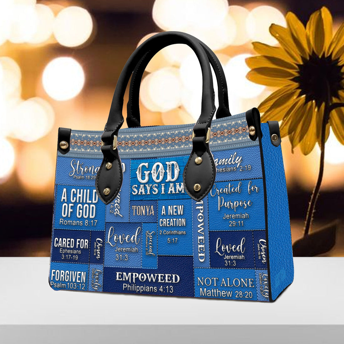Personalized God Says I Am Leather Handbag Blue, front view