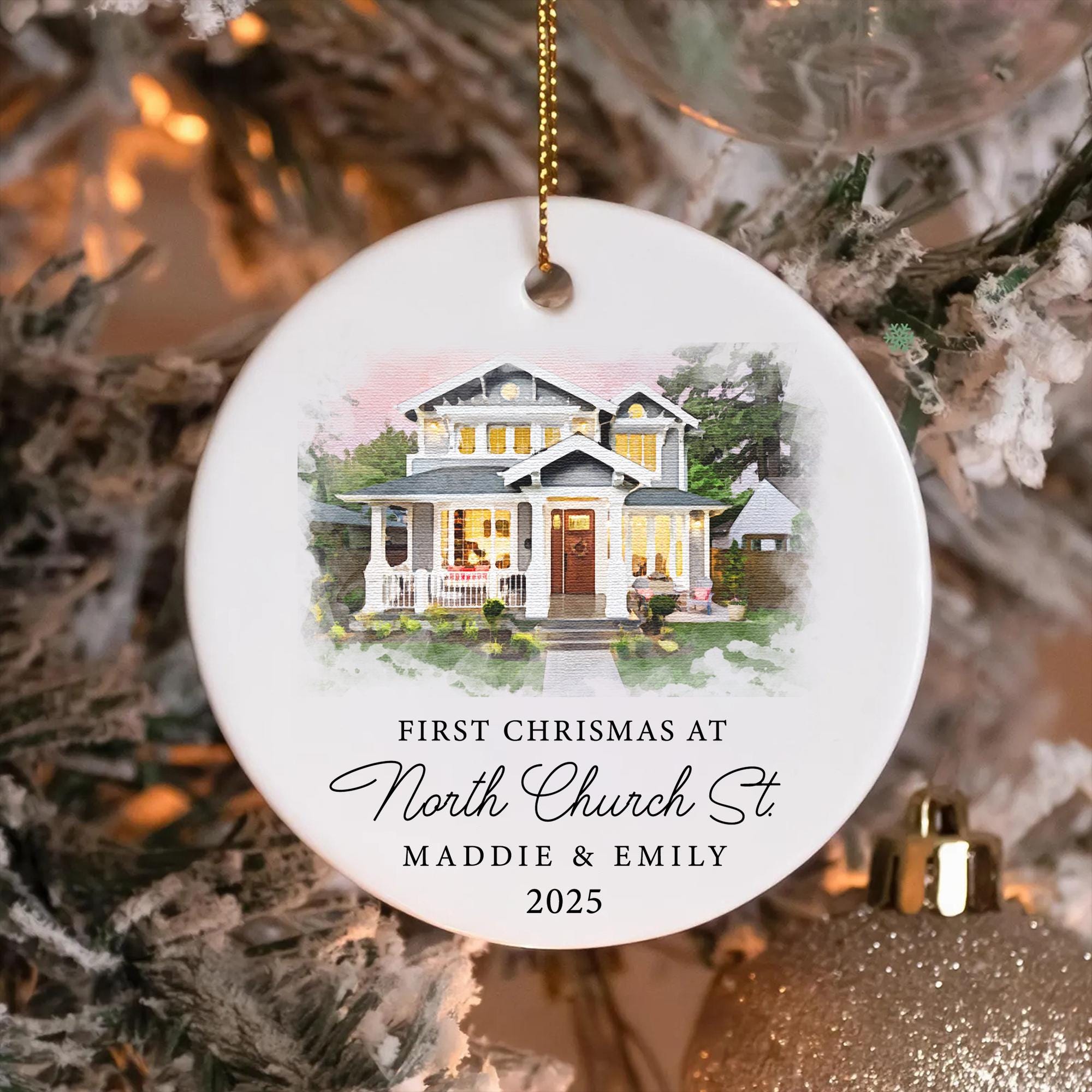 Custom Photo Watercolor New Home - Personalized Circle Ceramic Ornament - Christmas Gift For Family, Housewarming Gift