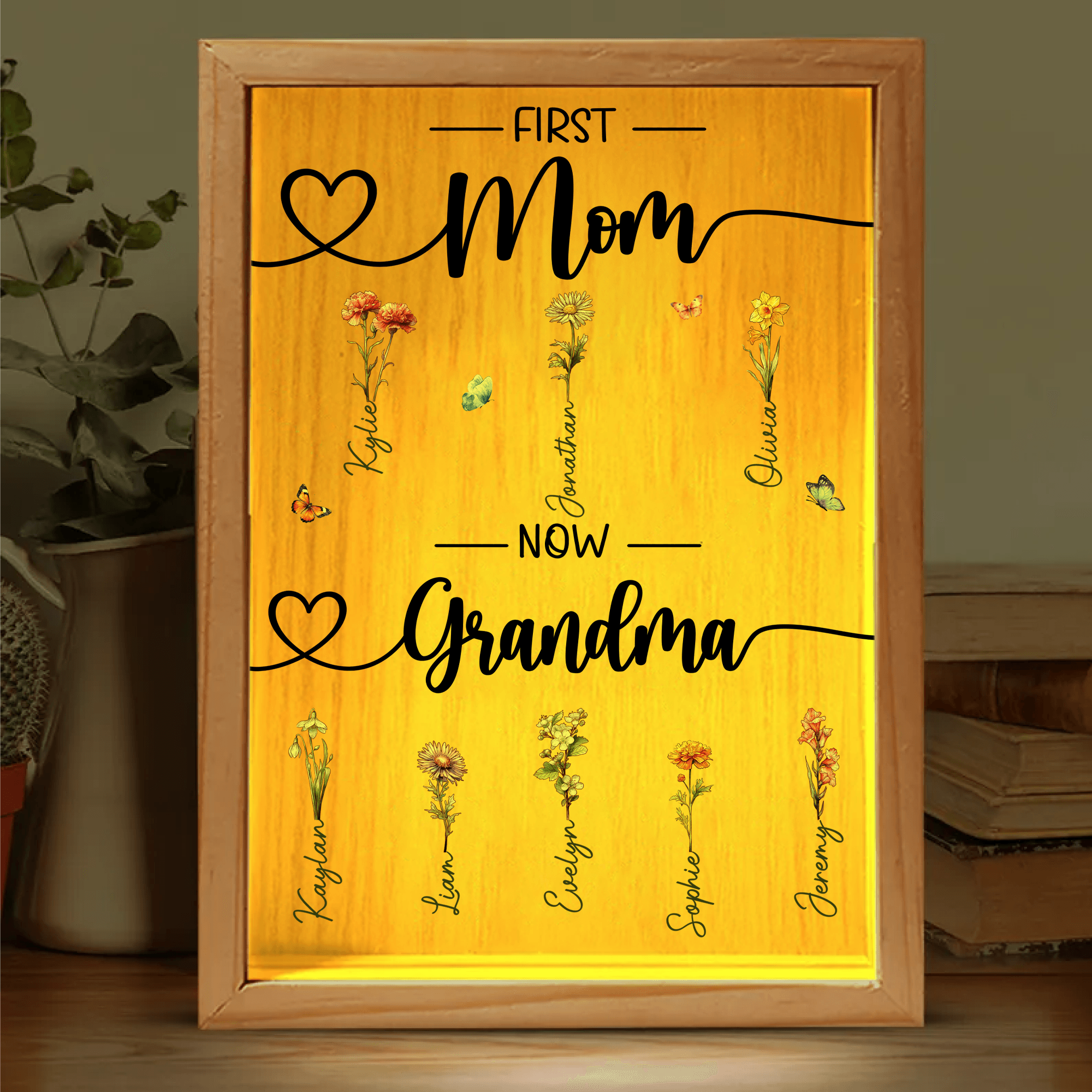 Custom Birth Month Flower First Mom Now Grandma - Personalized Frame Light Box - LED Night Lamp, Mother's Day, Birthday, Loving, Funny Keepsakes/Gift for Grandma/Nana/Mimi, Mom, Wife, Grandparent