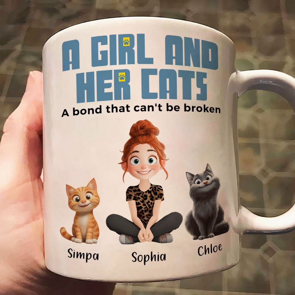 A Girl &amp; Her Cats Has Unbreakable Bond - Personalized Custom Mug - Gift For Her/Him, Cat Lovers, Pet Lovers, Cat Mom, Cat Dad