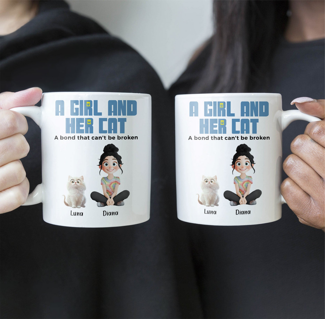A Girl & Her Cats Has Unbreakable Bond - Personalized Custom Mug - Gift For Her/Him, Cat Lovers, Pet Lovers, Cat Mom, Cat Dad