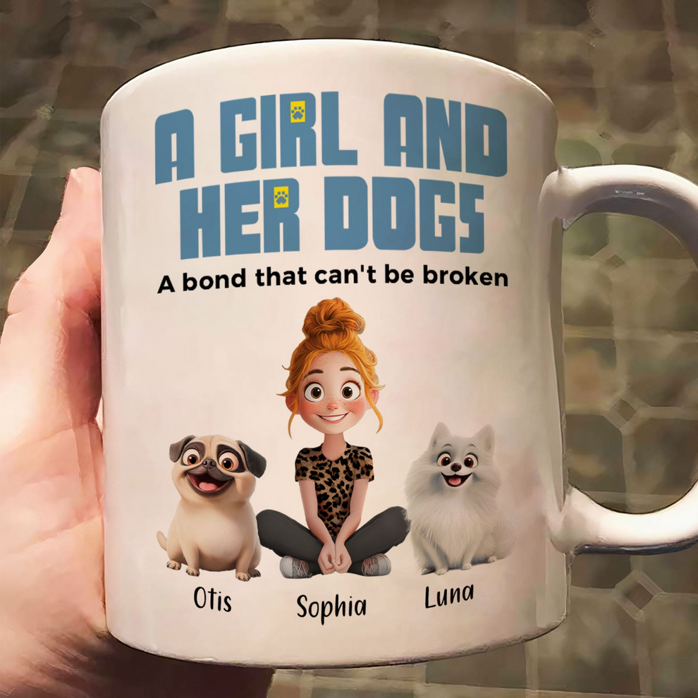 Dog Mom's Personalized Mug: Custom Girl and Dogs Illustration with Names - Unique Birthday or Mother's Day Gift for Dog Lovers