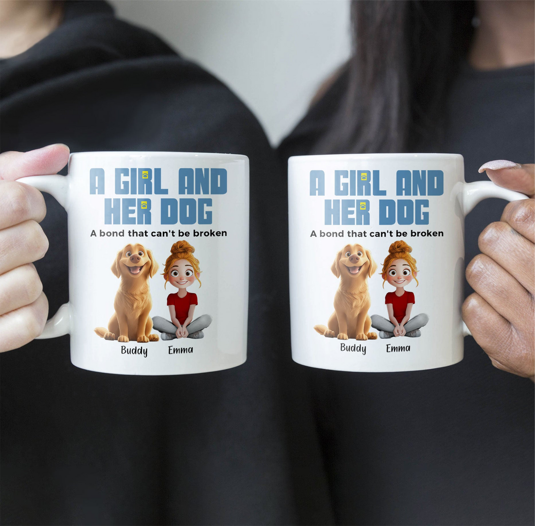 Dog Mom's Personalized Mug: Custom Girl and Dogs Illustration with Names - Unique Birthday or Mother's Day Gift for Dog Lovers