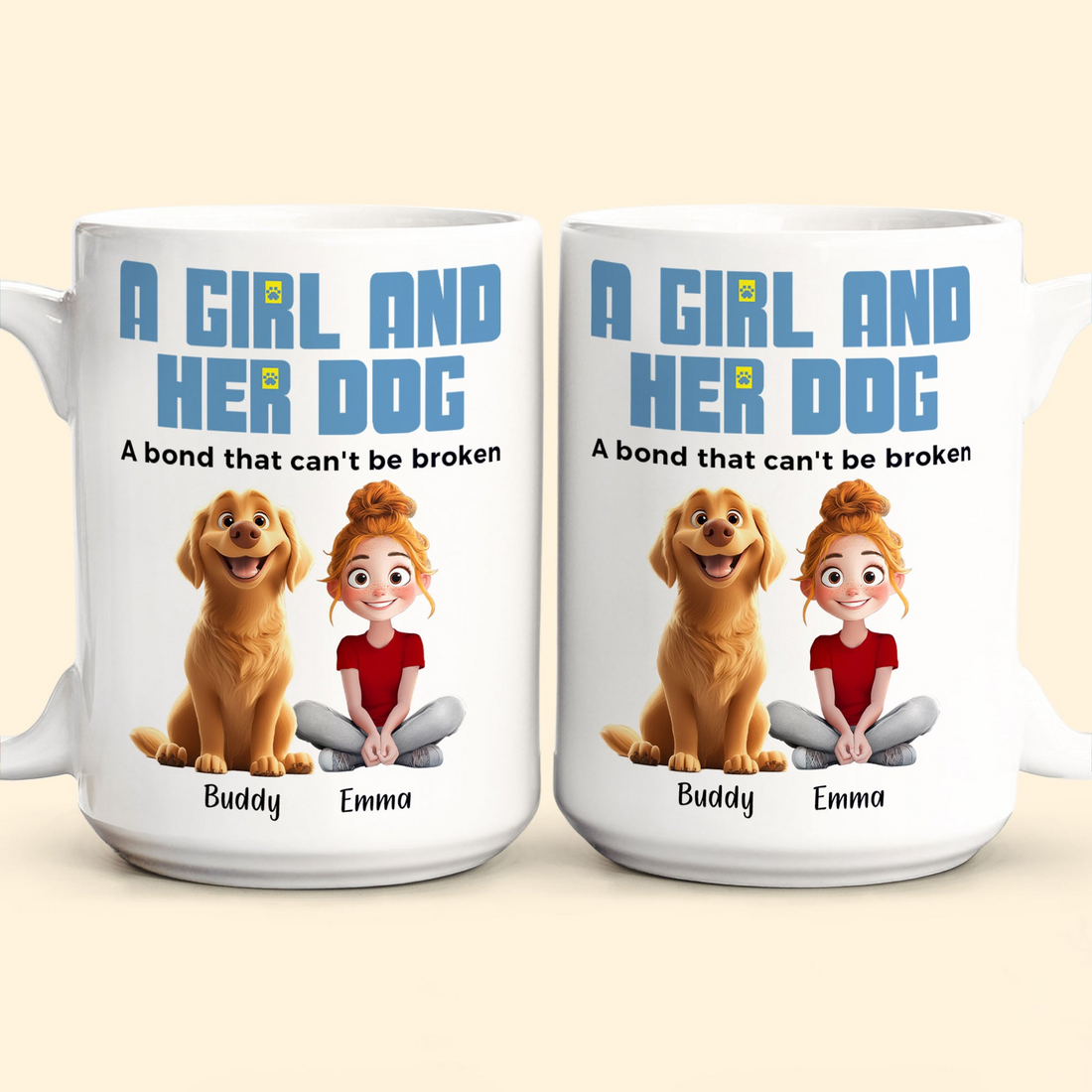 Dog Mom's Personalized Mug: Custom Girl and Dogs Illustration with Names - Unique Birthday or Mother's Day Gift for Dog Lovers